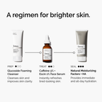 A 3-step regimen for brighter skin. Prep: Glucoside Foaming Cleanser. Treat: Caffeine 3% + Escin 1% Face Serum to refresh tired-looking skin. Seal: Natural Moisturizing Factors + HA for all-day hydration.