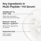 Close up of serum texture highlighting SYN™-AKE, Matrixyl™ synthe'6™, Matrixyl™ 3000, ARGIRELOX™, and Hyaluronic Acid
