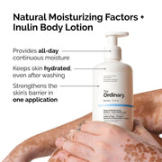 A person holds The Ordinary Natural Moisturizing Factors + Inulin Body Lotion. Text highlights benefits: provides all-day moisture, keeps skin hydrated after washing, and strengthens the skin's barrier in one application.