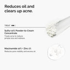 Infographic detailing how the set reduces oil and clears acne. Features Sulfur 10% Concentrate to treat acne and minimize redness, paired with Niacinamide 10% + Zinc 1% to reduce pore visibility and target excess sebum production.